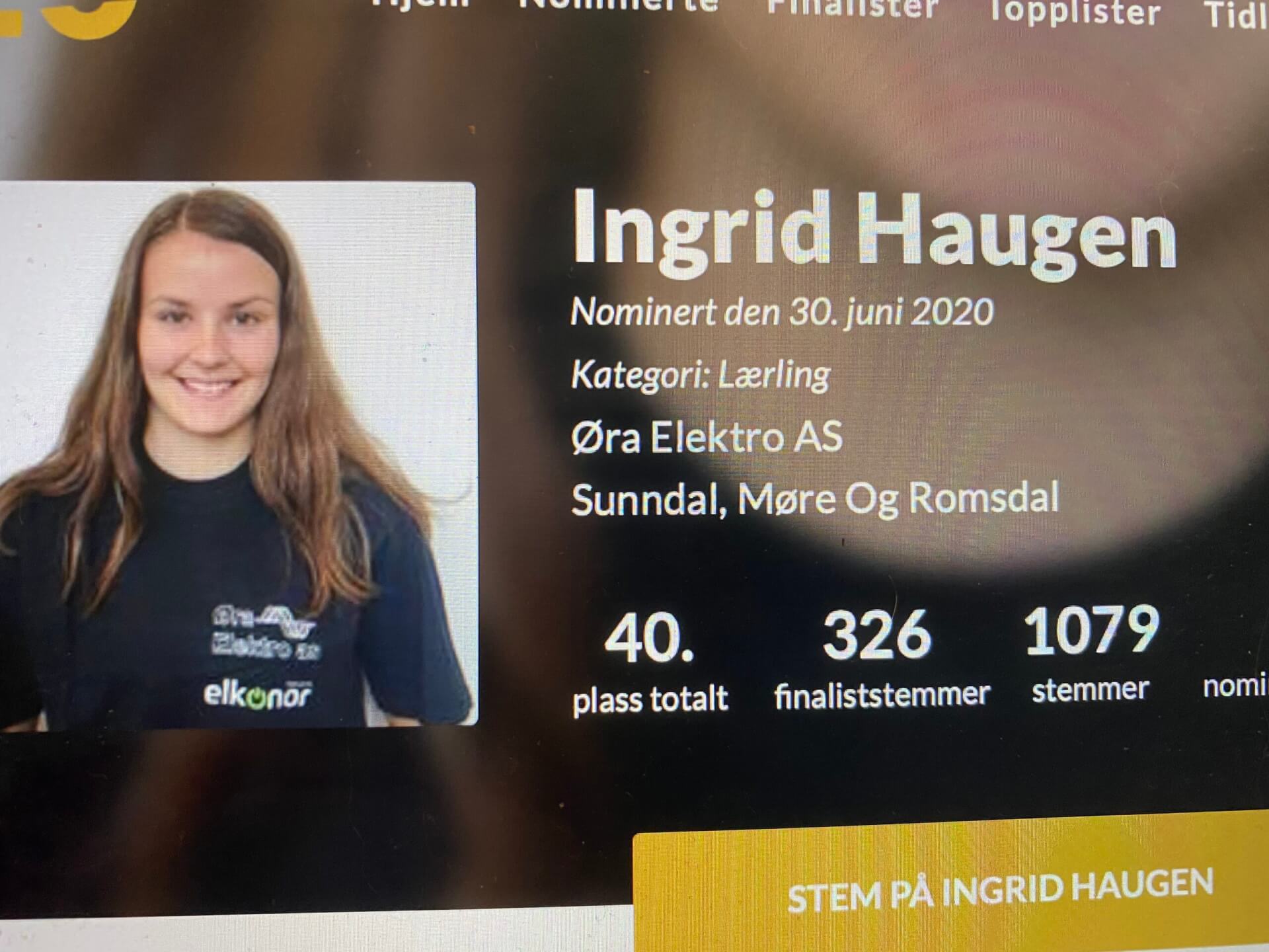 Ingrid Haugen ligger på andreplass i konkurransen.
